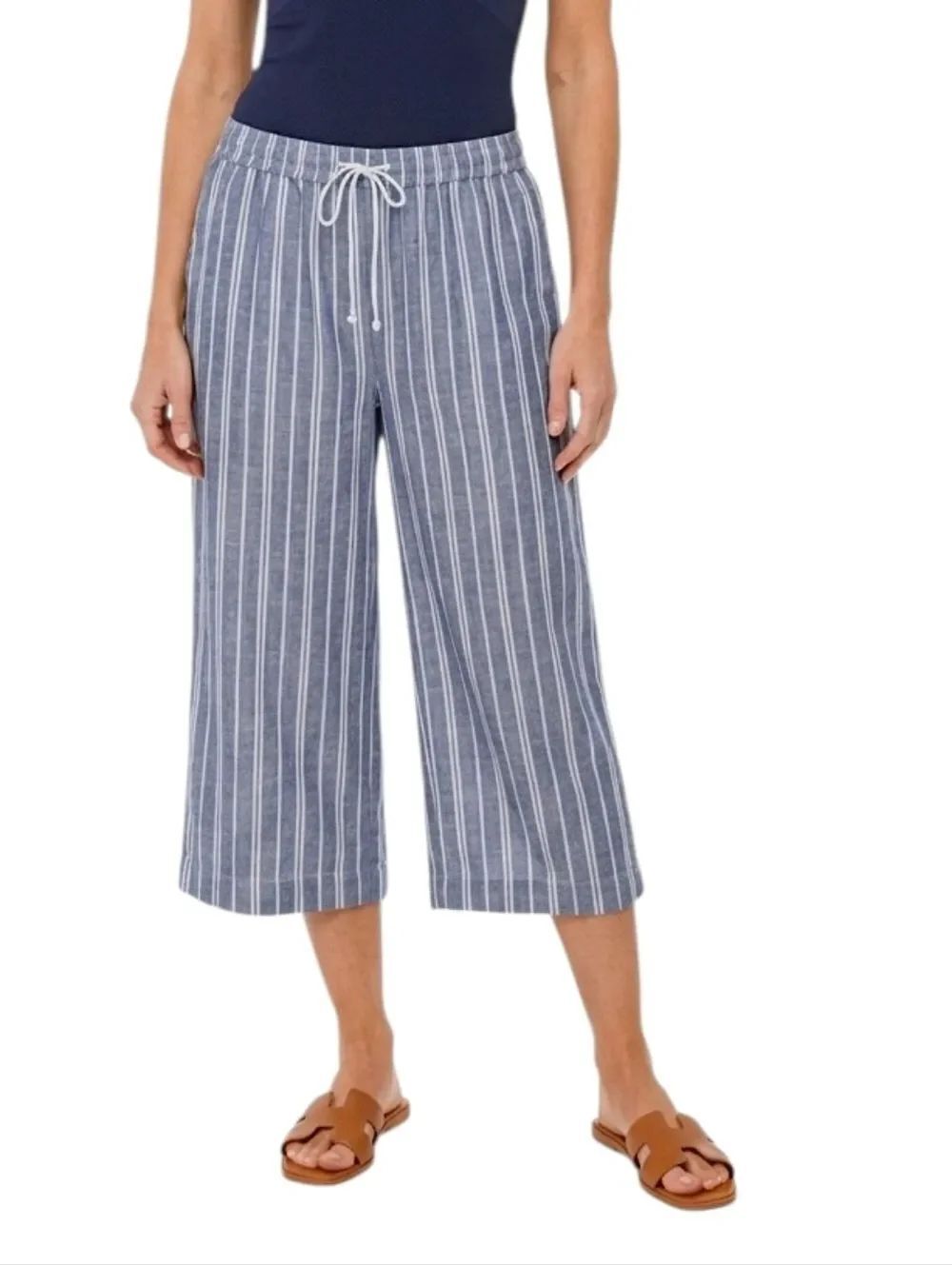 Beachlunchlounge Margot Blue Linen Blend Wide Leg Pull-On Cropped Pants Size XL